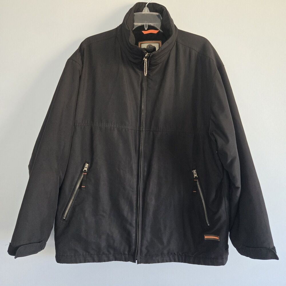 Weatherproof Men's Large Black Coat Zippered Pockets Hideable Hood 5 Pockets